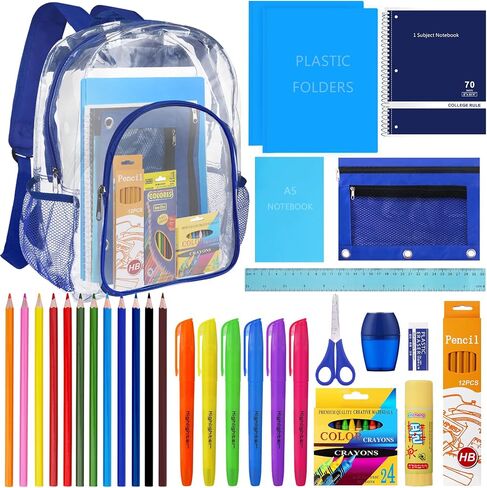 65 Pieces Back to School Supplies with15 inch Clear Backpack for Kid, Elementary School Supply Kit Essential Bundle Bulk School Stationery Set for School Classroom Students Girl Boy in Saudi Arabia