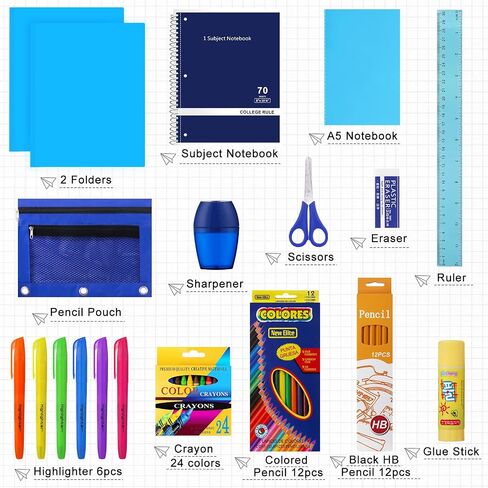 65 Pieces Back to School Supplies with15 inch Clear Backpack for Kid, Elementary School Supply Kit Essential Bundle Bulk School Stationery Set for School Classroom Students Girl Boy in Saudi Arabia