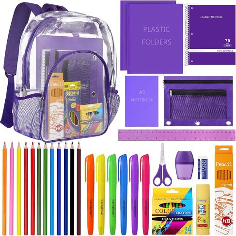 65 Pieces Back to School Supplies with15 inch Clear Backpack for Kid, Elementary School Supply Kit Essential Bundle Bulk School Stationery Set for School Classroom Students Girl Boy in Saudi Arabia