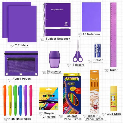 65 Pieces Back to School Supplies with15 inch Clear Backpack for Kid, Elementary School Supply Kit Essential Bundle Bulk School Stationery Set for School Classroom Students Girl Boy in Saudi Arabia