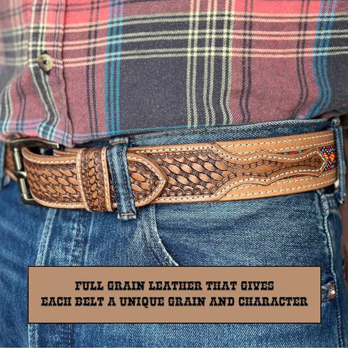 DANIEL'S ARTPLANET Western Belt for Men Handmade Full Grain Leather Beaded Tooled Cowboy Belt with Removable Buckle 1.5" in Saudi Arabia