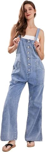 CHARTOU Casual Denim Jumpsuit for Women Overalls Wide Leg Jumpsuit Jeans Denim Bib Overalls Dungaree Pockets in Saudi Arabia