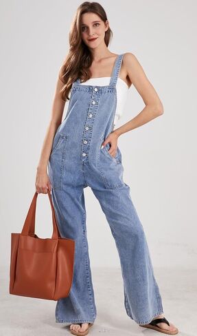 CHARTOU Casual Denim Jumpsuit for Women Overalls Wide Leg Jumpsuit Jeans Denim Bib Overalls Dungaree Pockets in Saudi Arabia