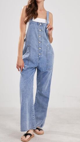 CHARTOU Casual Denim Jumpsuit for Women Overalls Wide Leg Jumpsuit Jeans Denim Bib Overalls Dungaree Pockets in Saudi Arabia