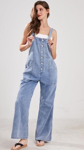 CHARTOU Casual Denim Jumpsuit for Women Overalls Wide Leg Jumpsuit Jeans Denim Bib Overalls Dungaree Pockets in Saudi Arabia
