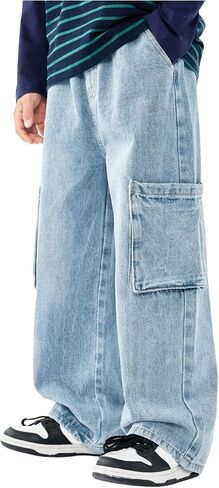 Verdusa Boy's Cargo Jeans Elastic Waist Wide Leg Long Denim Trousers with Pocket in Saudi Arabia