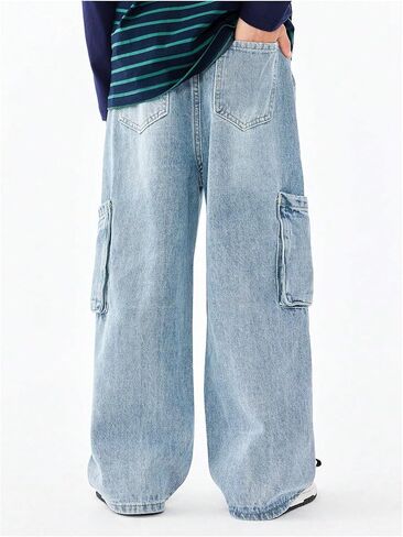 Verdusa Boy's Cargo Jeans Elastic Waist Wide Leg Long Denim Trousers with Pocket in Saudi Arabia