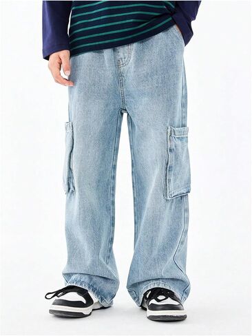 Verdusa Boy's Cargo Jeans Elastic Waist Wide Leg Long Denim Trousers with Pocket in Saudi Arabia