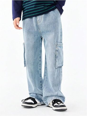 Verdusa Boy's Cargo Jeans Elastic Waist Wide Leg Long Denim Trousers with Pocket in Saudi Arabia