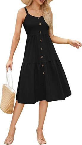 Womens Summer Dresses Casual Spaghetti Strap Button Down Midi Dress Cute Crew Neck A-Line Sundress with Pockets in Saudi Arabia