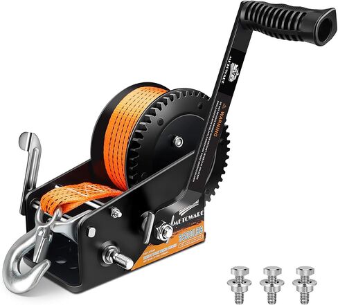 METOWARE 1600LBs Boat Trailer Winch with 26 Ft(8M) Polyester Strap, Hand Winch Heavy Duty Hook 2-Way Ratchet 4:1 Gear, Portable Hand Crank Winch for Boat, Trucks, ATV, Trailer, Jet Ski in Saudi Arabia