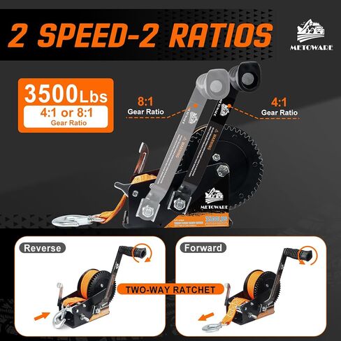 METOWARE 1600LBs Boat Trailer Winch with 26 Ft(8M) Polyester Strap, Hand Winch Heavy Duty Hook 2-Way Ratchet 4:1 Gear, Portable Hand Crank Winch for Boat, Trucks, ATV, Trailer, Jet Ski in Saudi Arabia