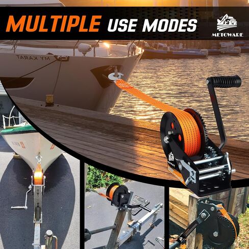METOWARE 1600LBs Boat Trailer Winch with 26 Ft(8M) Polyester Strap, Hand Winch Heavy Duty Hook 2-Way Ratchet 4:1 Gear, Portable Hand Crank Winch for Boat, Trucks, ATV, Trailer, Jet Ski in Saudi Arabia