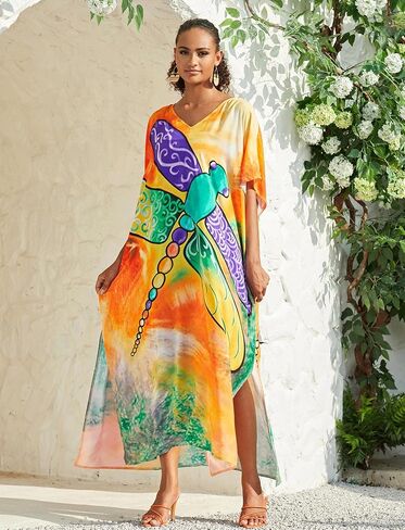 Plus Size Beach Kaftan Dresses for Women Print V-Neck Long Swimsuit Cover Ups in Saudi Arabia