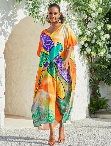 Plus Size Beach Kaftan Dresses for Women Print V-Neck Long Swimsuit Cover Ups in Saudi Arabia