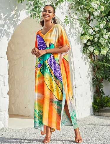 Plus Size Beach Kaftan Dresses for Women Print V-Neck Long Swimsuit Cover Ups in Saudi Arabia