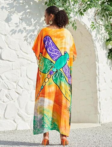 Plus Size Beach Kaftan Dresses for Women Print V-Neck Long Swimsuit Cover Ups in Saudi Arabia