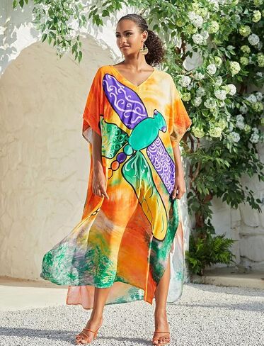 Plus Size Beach Kaftan Dresses for Women Print V-Neck Long Swimsuit Cover Ups in Saudi Arabia