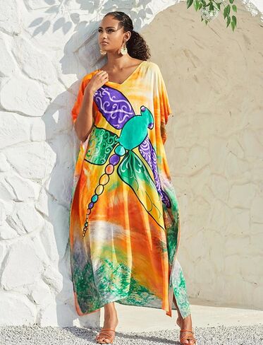 Plus Size Beach Kaftan Dresses for Women Print V-Neck Long Swimsuit Cover Ups in Saudi Arabia