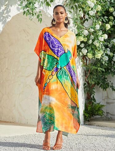 Plus Size Beach Kaftan Dresses for Women Print V-Neck Long Swimsuit Cover Ups in Saudi Arabia