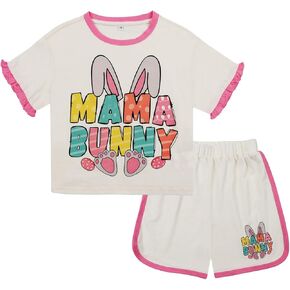 Little Bitty Girls Outfits Ruffle Short Sleeve Rabbit Print Shirts Top and Contrast Color Shorts Set with Pockets Size 2-7Y in Kuwait