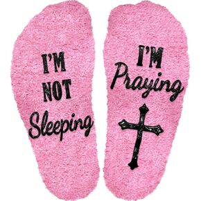 I'm Not Sleeping I'm Praying Socks, Fuzzy Religious Socks for Women, Christian Gifts, 100% Cotton Non-Slip Socks, Relaxation Gifts for Women, Biblical Birthday Gifts