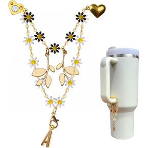Letter Charms with Layering Chain Charms for Stanley Cups, Stanley Charms A-Z with New Daisy Design for Stanley Cup Accessories, Black and White Style for Stanley Charms