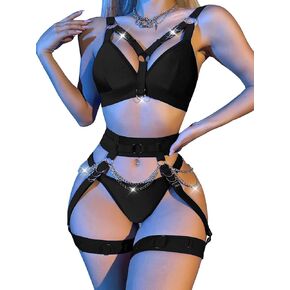 Lilosy Sexy Chain Strappy Garter Belt Underwire Push Up Garter Belt Women Lingerie Set