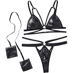WDIRARA Women's 3 Pieces PU Leather Lingerie Set Cut Out Bra and Panty Set with Wristband