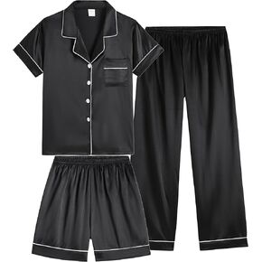Vopmocld Satin Pajama Sets Unisex Boys and Girls Silk Button Down Short Sleeve & Shorts & Pants Sleepwear 3PCS Loungewear PJS