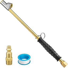 Spurtar 1/4" FNPT Dual Head Air Chuck - 12" Extended Reach, 2-Way Brass Tire Inflator Air Compressor Attachments with Rubber Handle - Air Chuck Quick Connect Plug for Semi, RV, Truck Dually Tires