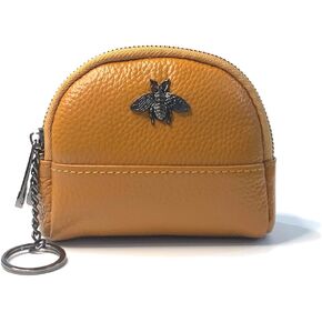 Small Bee Zipper Coin Purse Pouch Wallet Genuine Leather Change Purse Holder for Women with Keychain Ring (Earth yellow)