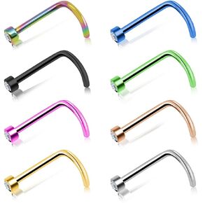 8pcs Nose Rings Titanium Nose Piercings Screw with Crystal Stone for Women 18G 20G Nose Rings StudsHypoallergenic Body Piercing Jewelry Set for Women Men