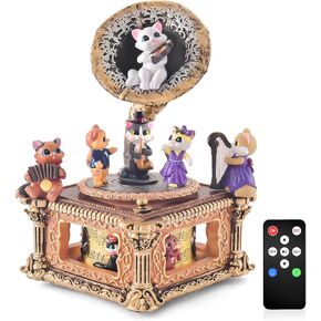 Cat Music Box Wife Gift, Upgraded Remote Control Vintage Cat Phonograph with Light Musical Box for Mom Women Christmas Birthday Valentine Play 64 Different Songs