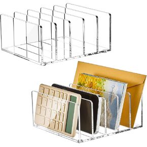 2 Pcs Acrylic File Holder Clear Mail Folder Organizer 5 Compartments Multifunction Desktop Storage Letter Sorter Envelope Vertical Dividers for Office, Home, Desk Organization