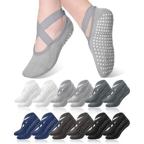 12 Pairs Yoga Socks Non Slip Socks with Grips for Women Pilates Socks with Strap for Barre, Ballet, Dance, Workout