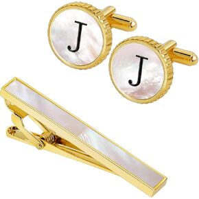 Mother of Pearl Initial Cuff Links Mens + Tie Clips for Men Bundle, Suitable for Wedding Anniversary Business Professional and Best Gift