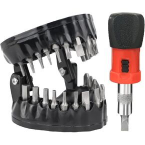 Denture Drill Bit Holder, Gag Gift for Dentists, 2-in-1 Screwdriver& Desk Gadget with 28PCS 1/4" Hex Bits, Stocking Stuffer for Husband, Magnetic Gums to Organize Bits, Black