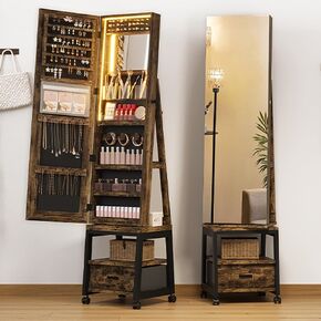 GAOMON 360° Swivel Jewelry Cabinet, Lockable Standing Jewelry Organizer With Full-Length Mirror, Rear Storage Shelves, Interior Mirror, Jewelry Armoire With Drawer and Wheels, Rustic Brown