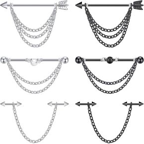 Longbeauty 14G Industrial Piercing Jewelry Stainless Steel Industrial Earrings for Women Men Chain Dangle Cartilage Helix Tragus Piercing Jewelry Industrial Barbells