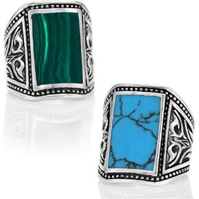 VY JEWELRY MALACHITE OR TURQUOISE - خاتم من الفضة الإسترليني عيار 925 مع أحجار كريمة للرجال - مقاس 8 إلى 14