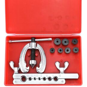 QWORK Flaring Tool Kit for 45-Degree Double/Single Flares - includes Tube Cutter and 5 Adapters in Durable Case - for Copper, Aluminum, Soft Steel Brake Lines, and Brass Tubing