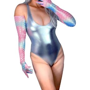 Fashion Mermaid Gloves Fish Scale Stretch Holographic Pink 28" Super Long Halloween Dance Party Costume Accessory
