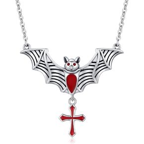 Bat Cross Necklace for Men 925 Sterling Silver Bat Pendant Necklace Gothic Jewelry Halloween Gifts for Women Men
