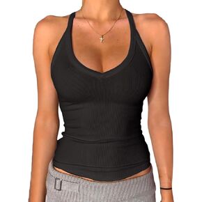 Danysu V Neck Racer Back Tank Top for Women Padded Ribbed Long Tank Fitted Basic Cami Tops