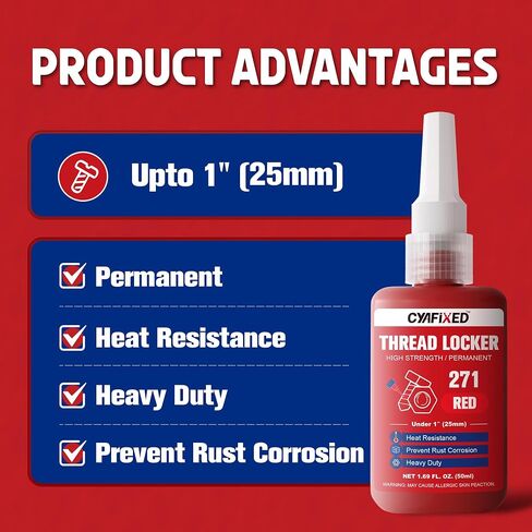 Threadlocker 271, Red High Strength Permanent Thread Lock Glue (1.69Fl. oz/50ml) - Lock Tight Screw Glue for Nuts, Bolts & Seal Fasteners, Prevents Loosening, Rust & Corrosion in Saudi Arabia
