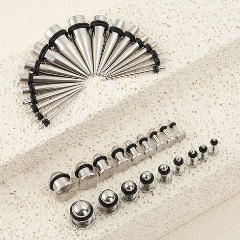 Longbeauty 14G-00G 36pcs الأذن مقاييس تمتد عدة التناقص التدريجي الفولاذ الجراحية للأذنين قياس بداية مجموعات واحدة مسطحة أعلى مقاييس المقابس للنساء الرجال in Kuwait
