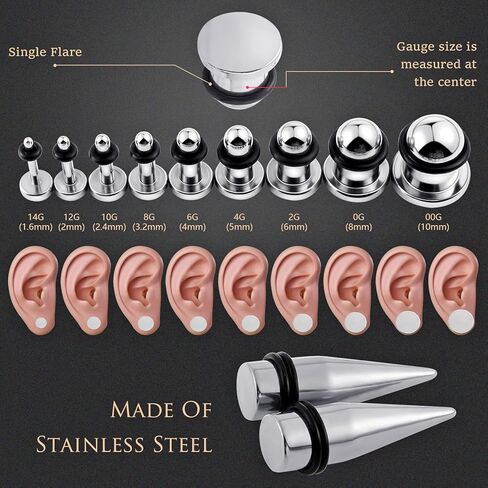 Longbeauty 14G-00G 36pcs الأذن مقاييس تمتد عدة التناقص التدريجي الفولاذ الجراحية للأذنين قياس بداية مجموعات واحدة مسطحة أعلى مقاييس المقابس للنساء الرجال in Kuwait