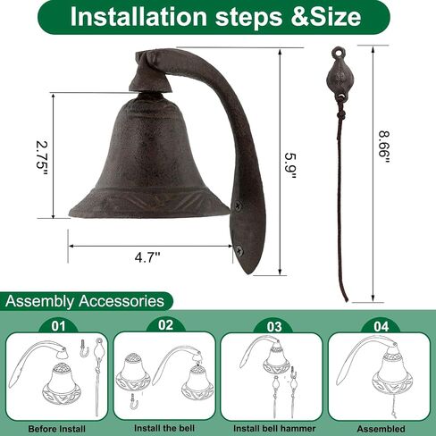Cast Iron Farmhouse Dinner Bell - Decoration Hanging Bell for Yard or Garden - Bracket Mount - Wall Bell - Indoor Rope Bell for Ship, Door, School, Home, Church (Bell) in Saudi Arabia