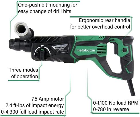 Metabo HPT Rotary Hammer | SDS Plus | 1-Inch, 7.5-Amp | For Drilling | Chipping and Hammer Drilling (DH26PF) in Saudi Arabia